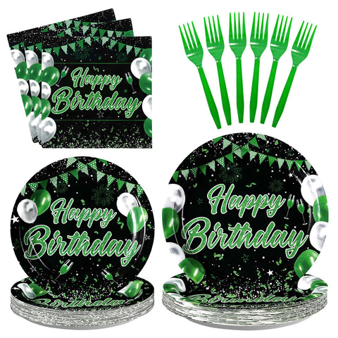 96 Pcs Green Black Birthday Party Plates and Napkins - Grencian
