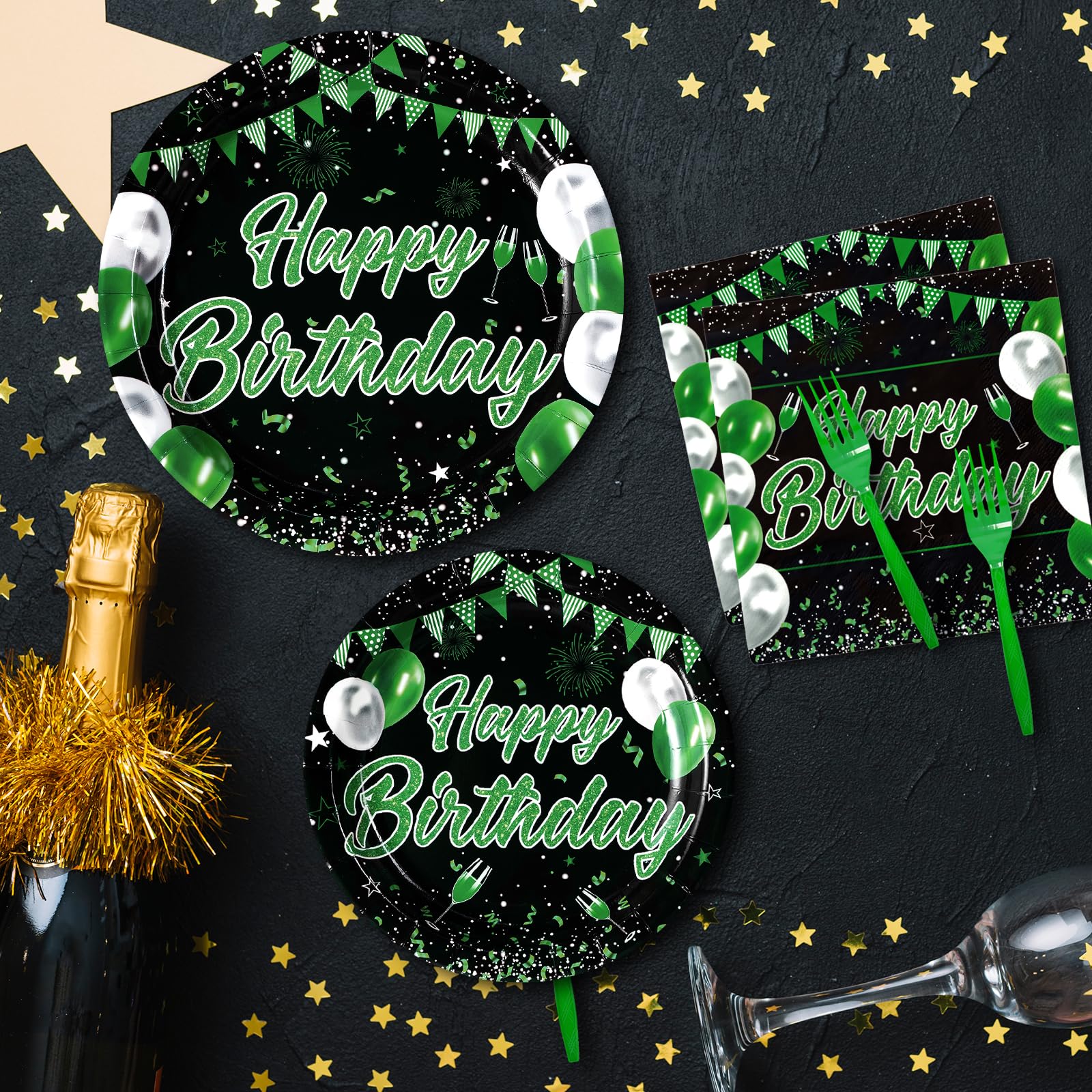 96 Pcs Green Black Birthday Party Plates and Napkins - Grencian