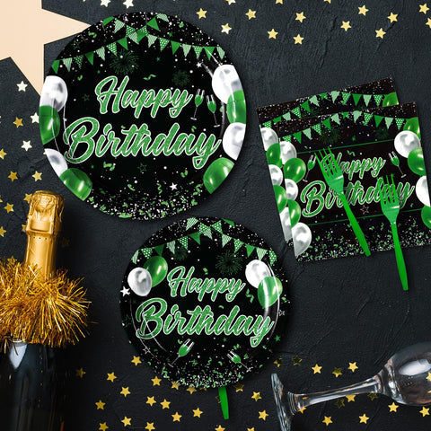 96 Pcs Green Black Birthday Party Plates and Napkins - Grencian