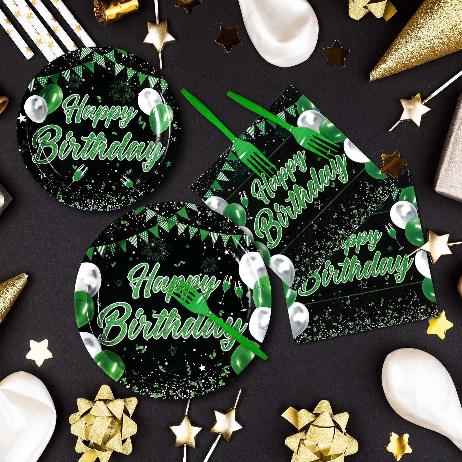 96 Pcs Green Black Birthday Party Plates and Napkins - Grencian