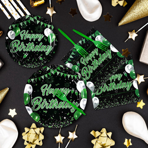 96 Pcs Green Black Birthday Party Plates and Napkins - Grencian