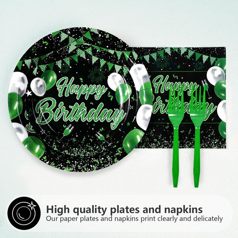 96 Pcs Green Black Birthday Party Plates and Napkins - Grencian