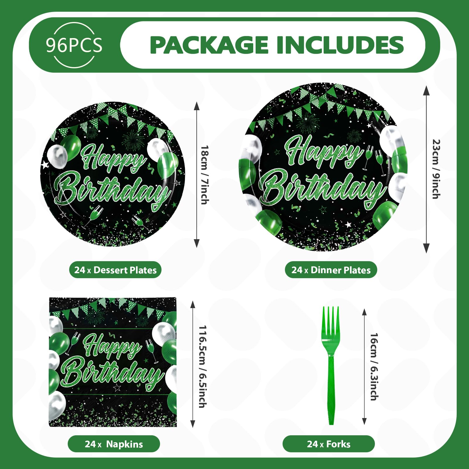 96 Pcs Green Black Birthday Party Plates and Napkins - Grencian