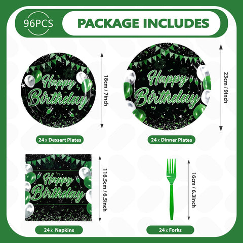96 Pcs Green Black Birthday Party Plates and Napkins - Grencian
