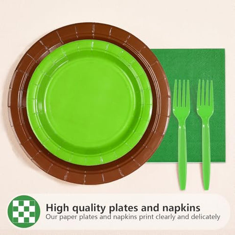 96 Pcs Green Brown Party Plates and Napkins - Grencian