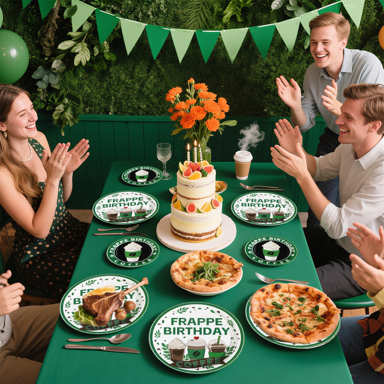 96 Pcs Green Coffee Birthday Party Plates and Napkins - Grencian