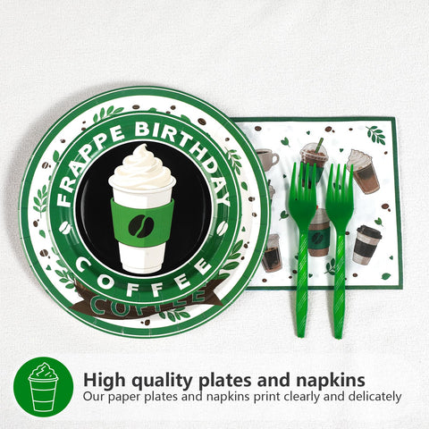 96 Pcs Green Coffee Birthday Party Plates and Napkins - Grencian