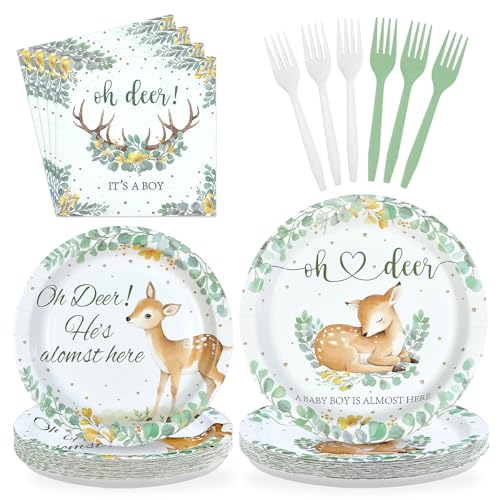 96 Pcs Green Deer Baby Shower Party Plates and Napkins - Grencian