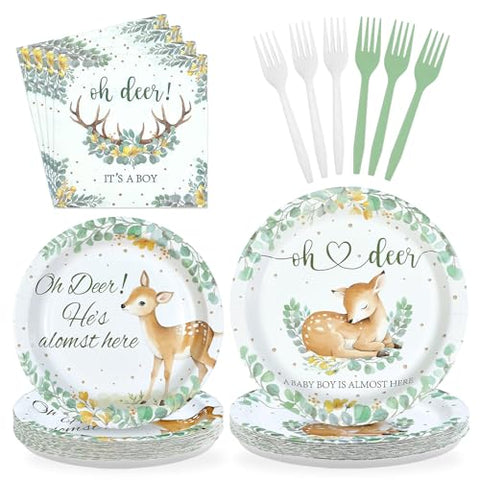 96 Pcs Green Deer Baby Shower Party Plates and Napkins - Grencian