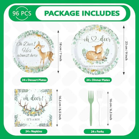 96 Pcs Green Deer Baby Shower Party Plates and Napkins - Grencian
