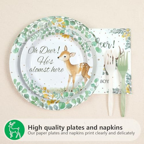 96 Pcs Green Deer Baby Shower Party Plates and Napkins - Grencian