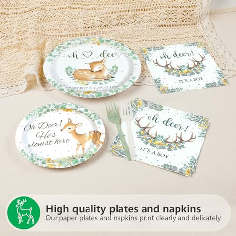96 Pcs Green Deer Baby Shower Party Plates and Napkins - Grencian