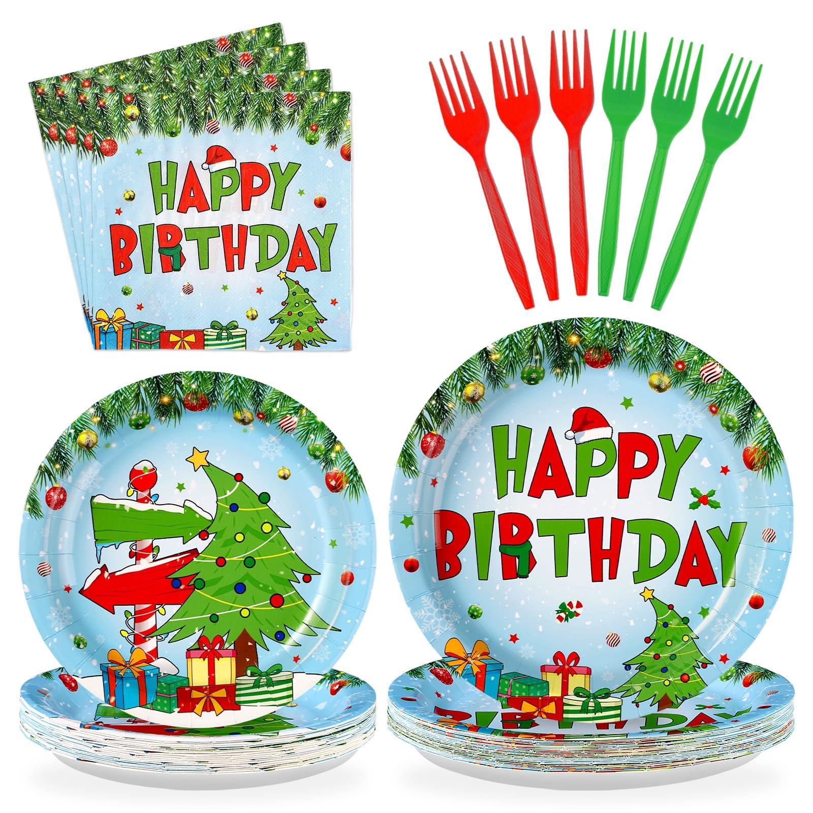96 Pcs Green Elf Birthday Party Plates and Napkins - Grencian
