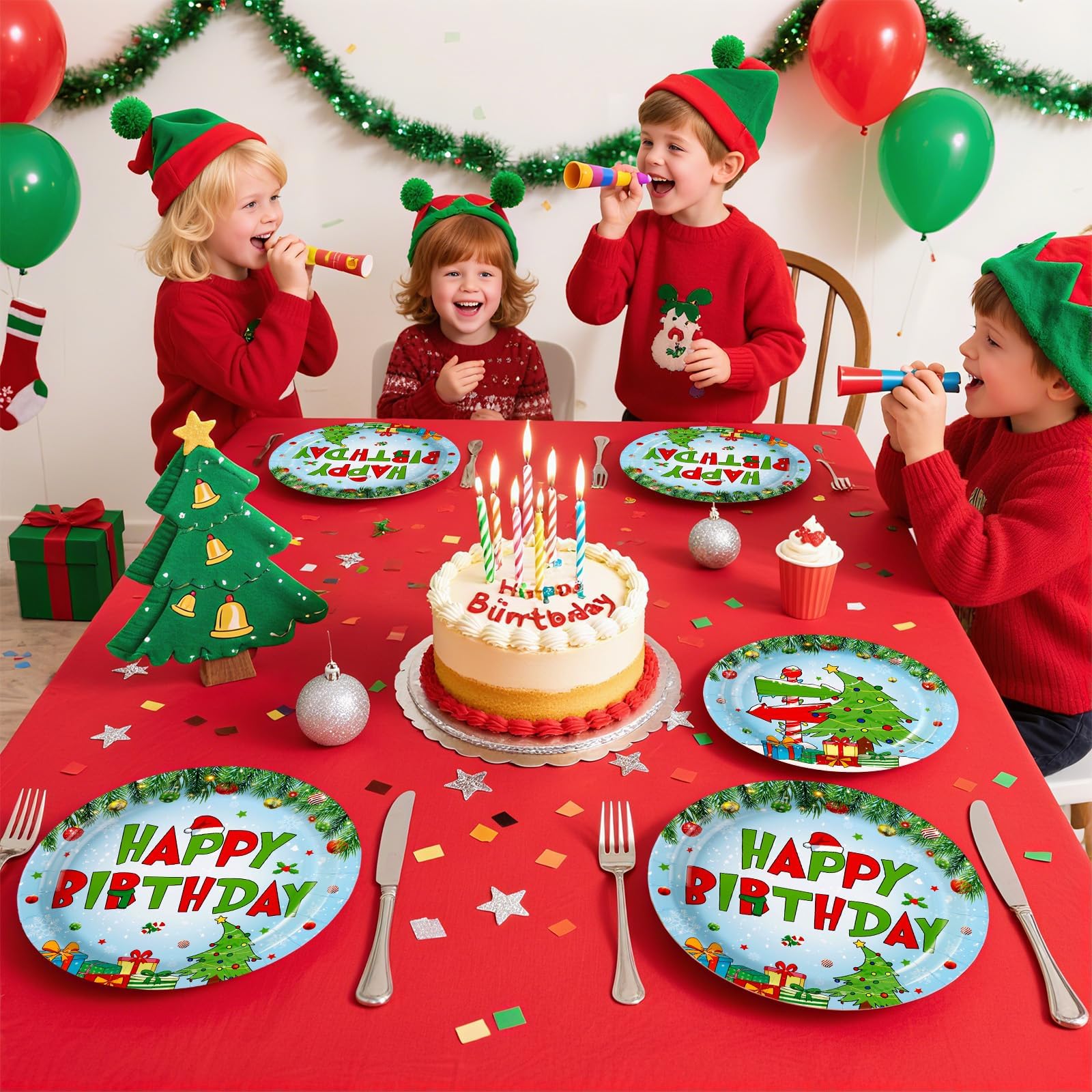 96 Pcs Green Elf Birthday Party Plates and Napkins - Grencian