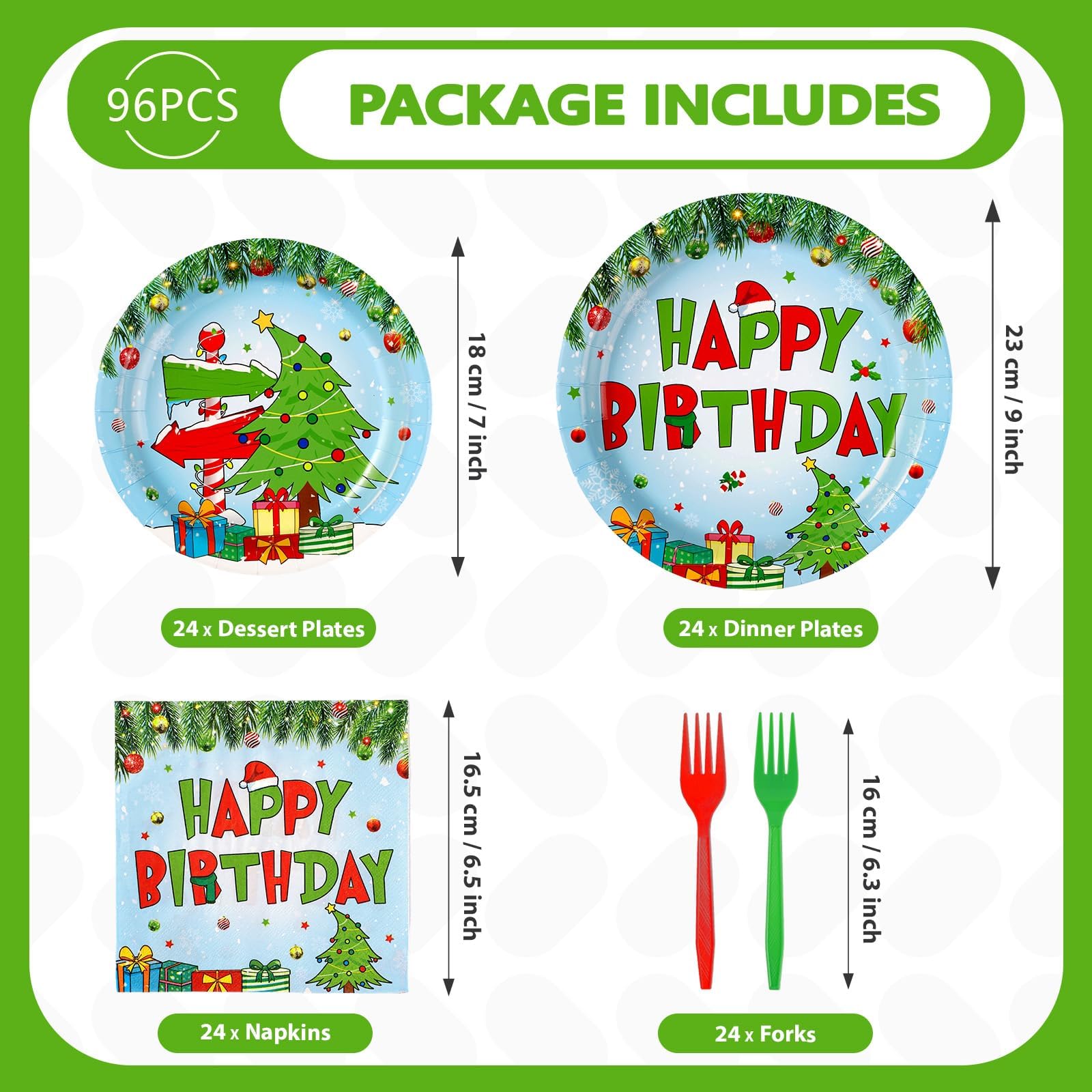 96 Pcs Green Elf Birthday Party Plates and Napkins - Grencian