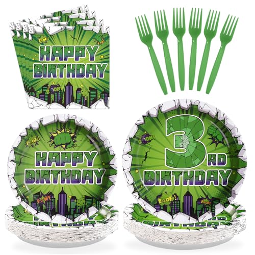 96 Pcs Green Hero 3rd Birthday Party Plates and Napkins - Grencian
