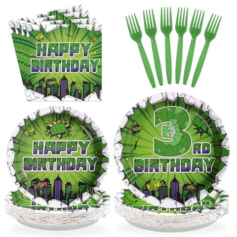96 Pcs Green Hero 3rd Birthday Party Plates and Napkins - Grencian