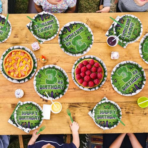 96 Pcs Green Hero 3rd Birthday Party Plates and Napkins - Grencian
