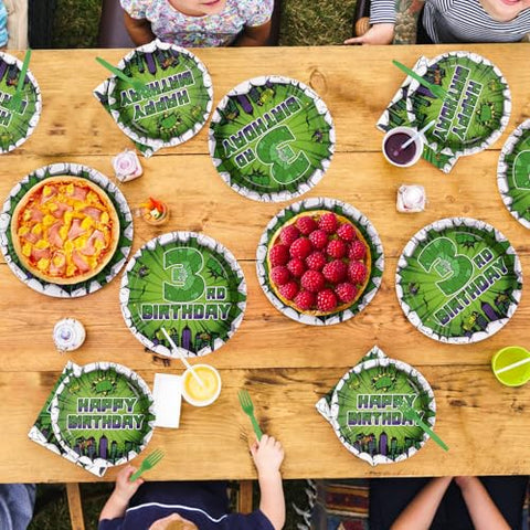 96 Pcs Green Hero 3rd Birthday Party Plates and Napkins - Grencian