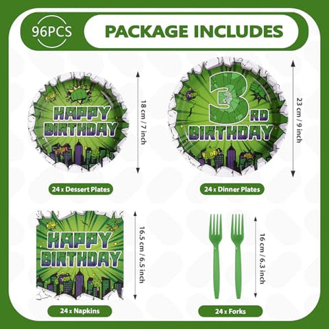 96 Pcs Green Hero 3rd Birthday Party Plates and Napkins - Grencian