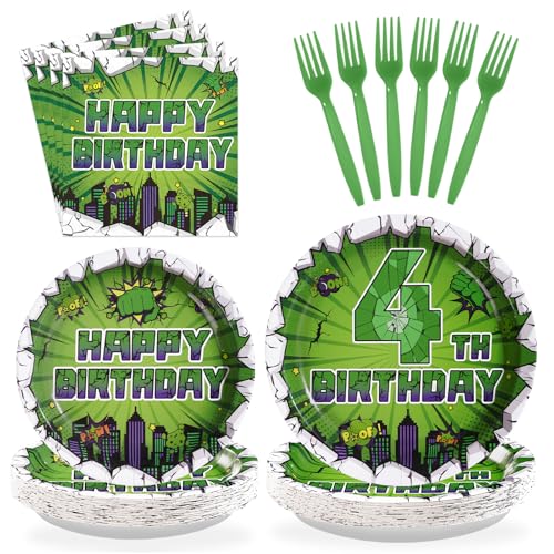 96 Pcs Green Hero 4th Birthday Party Plates and Napkins - Grencian