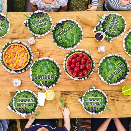 96 Pcs Green Hero 4th Birthday Party Plates and Napkins - Grencian