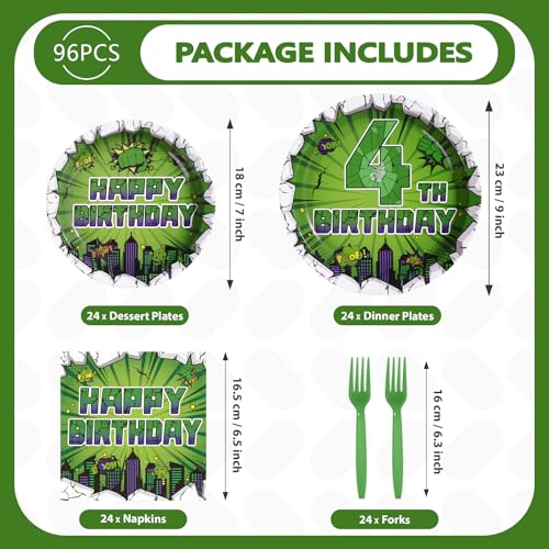 96 Pcs Green Hero 4th Birthday Party Plates and Napkins - Grencian