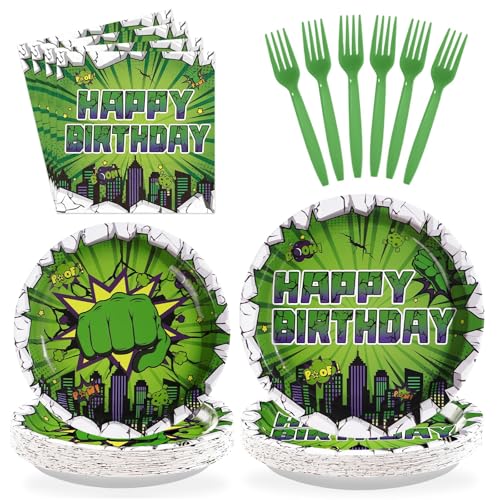 96 Pcs Green Hero Birthday Party Plates and Napkins - Grencian