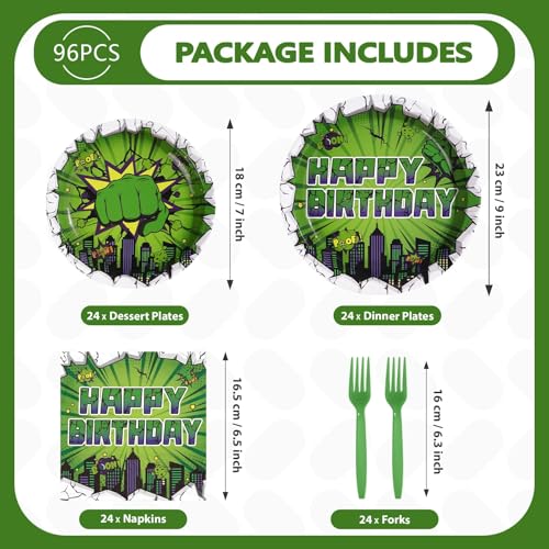96 Pcs Green Hero Birthday Party Plates and Napkins - Grencian