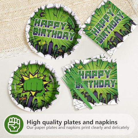 96 Pcs Green Hero Birthday Party Plates and Napkins - Grencian
