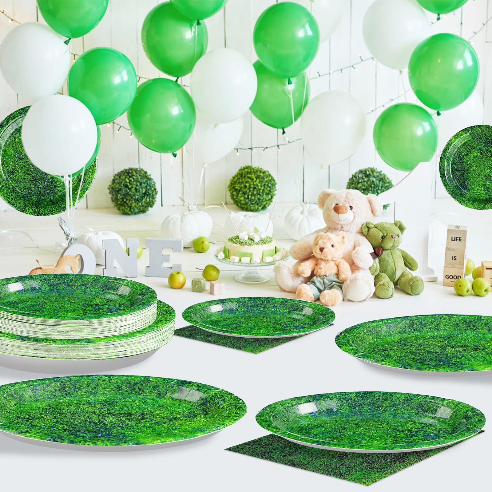96 Pcs Green Moss Party Plates and Napkins - Grencian