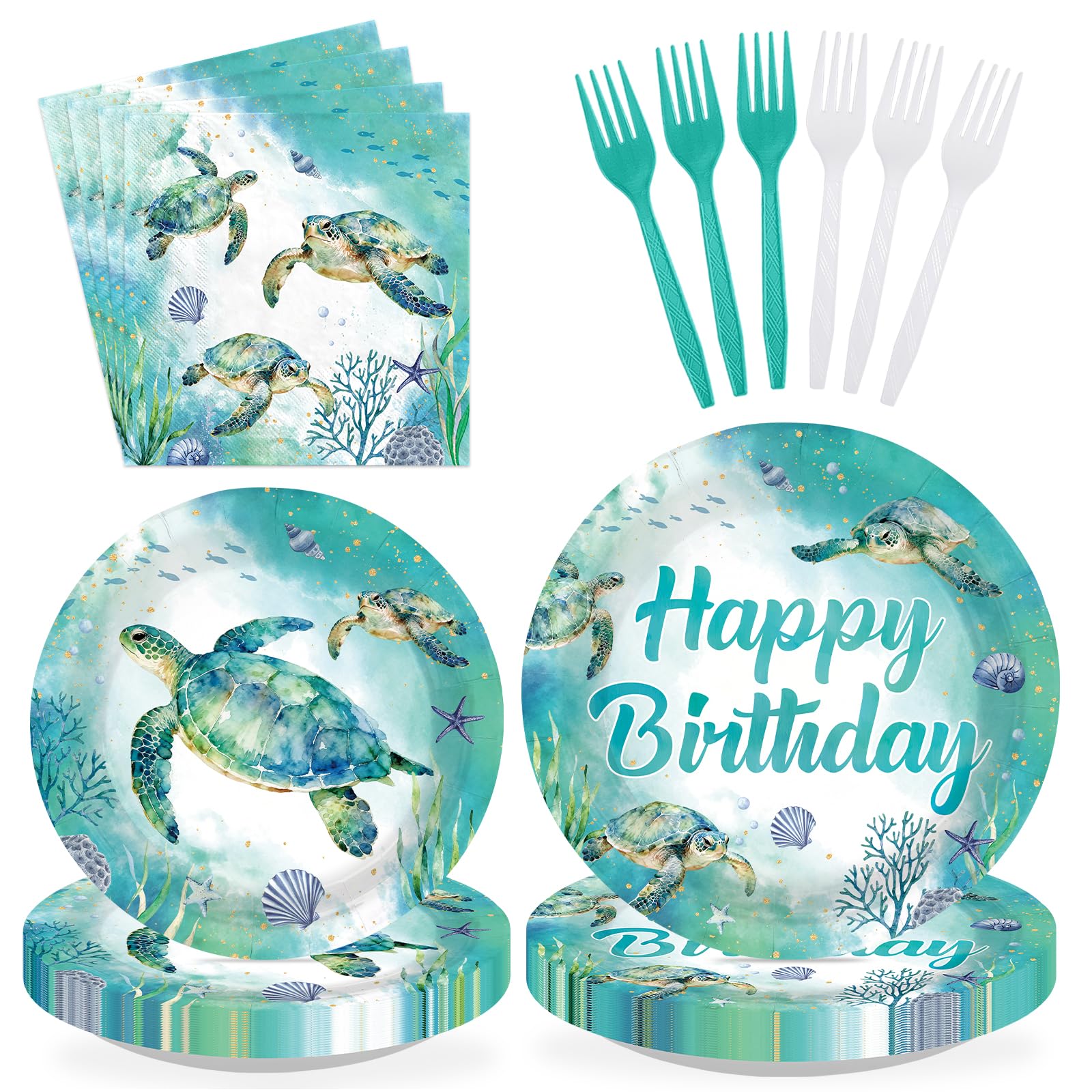 96 Pcs Green Sea Turtle Birthday Party Plates and Napkins - Grencian