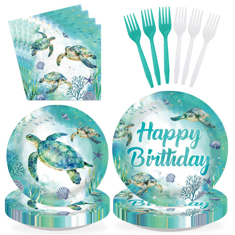 96 Pcs Green Sea Turtle Birthday Party Plates and Napkins - Grencian