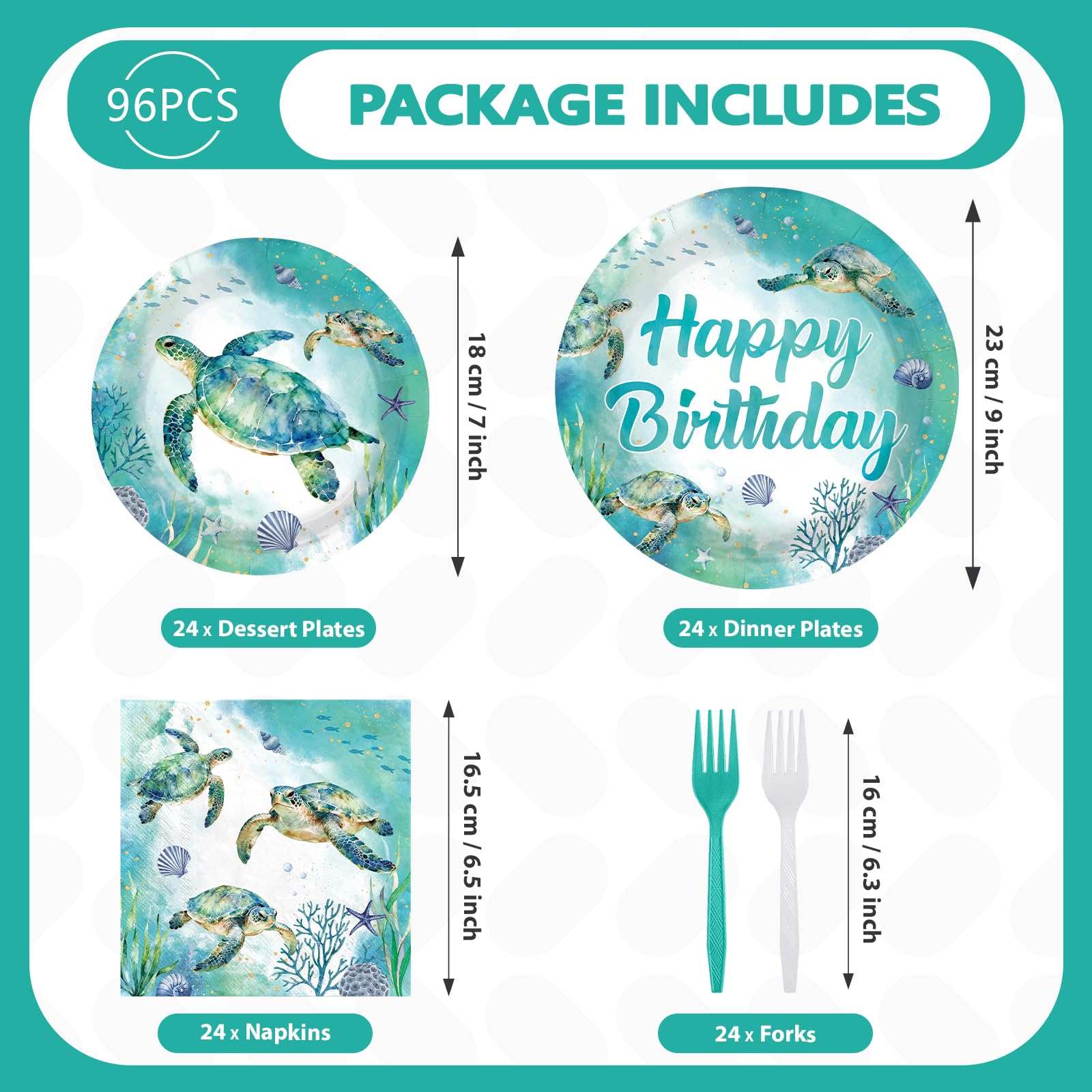 96 Pcs Green Sea Turtle Birthday Party Plates and Napkins - Grencian