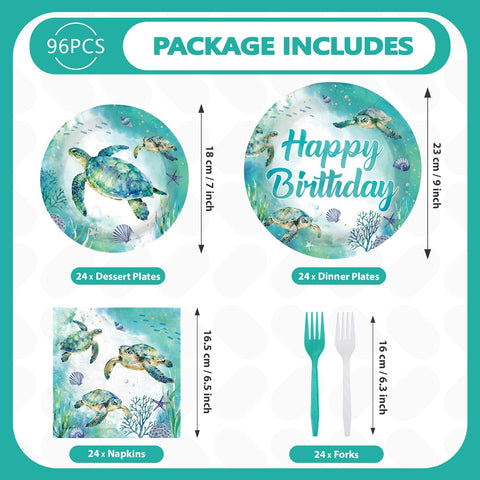 96 Pcs Green Sea Turtle Birthday Party Plates and Napkins - Grencian