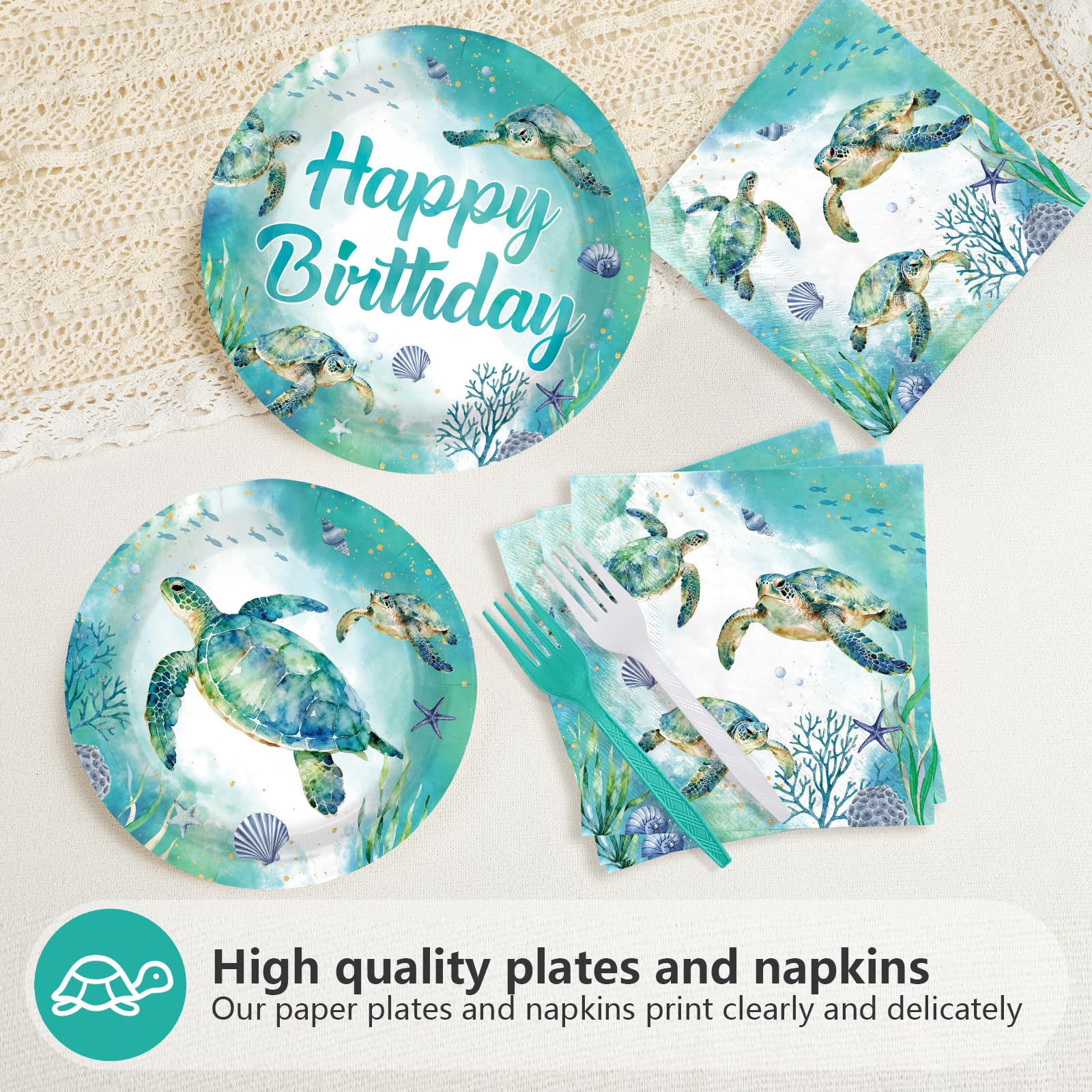 96 Pcs Green Sea Turtle Birthday Party Plates and Napkins - Grencian