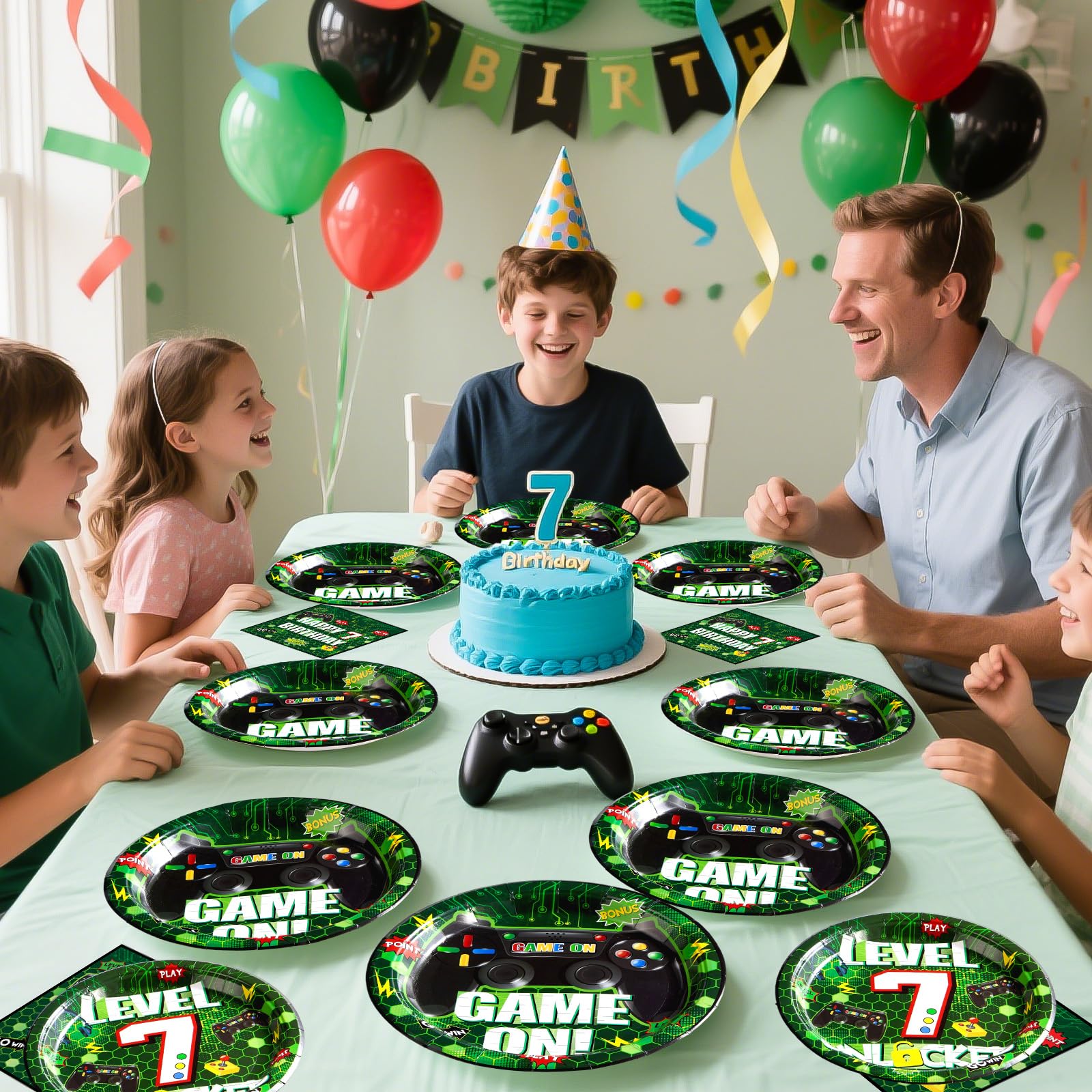 96 Pcs Green Video Game 7th Birthday Party Plates and Napkins - Grencian