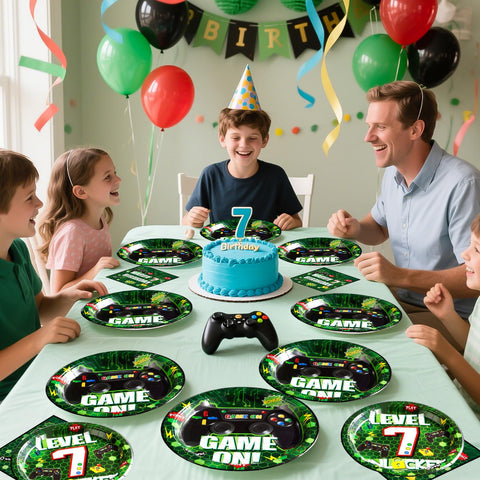 96 Pcs Green Video Game 7th Birthday Party Plates and Napkins - Grencian