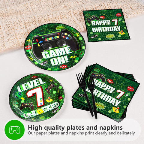96 Pcs Green Video Game 7th Birthday Party Plates and Napkins - Grencian