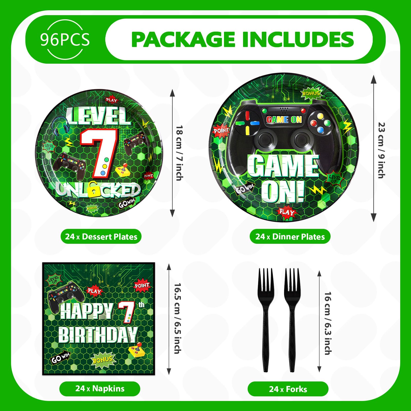 96 Pcs Green Video Game 7th Birthday Party Plates and Napkins - Grencian