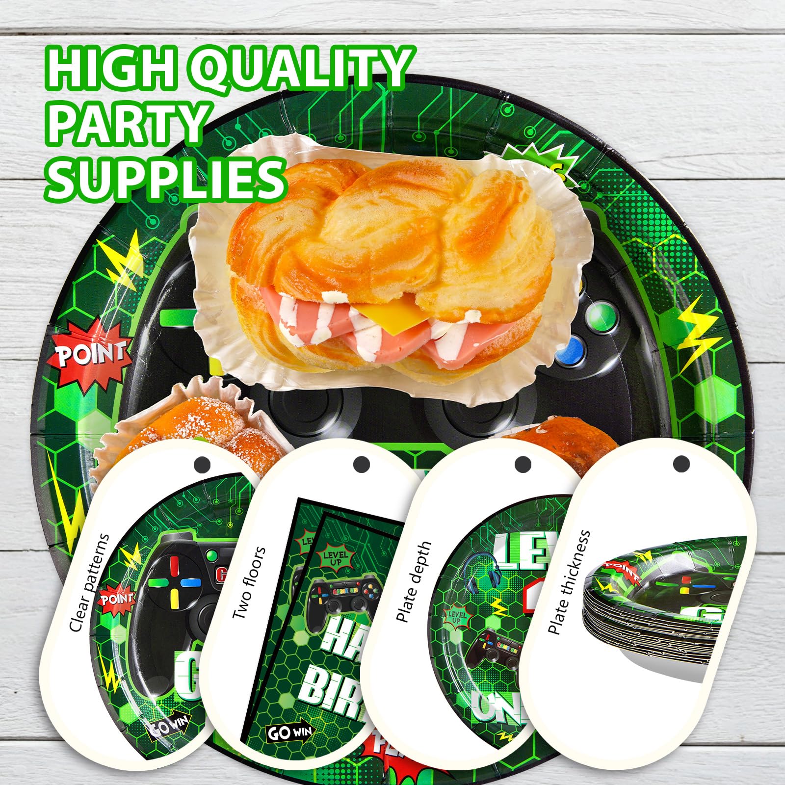 96 Pcs Green Video Game 7th Birthday Party Plates and Napkins - Grencian