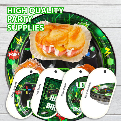 96 Pcs Green Video Game 7th Birthday Party Plates and Napkins - Grencian