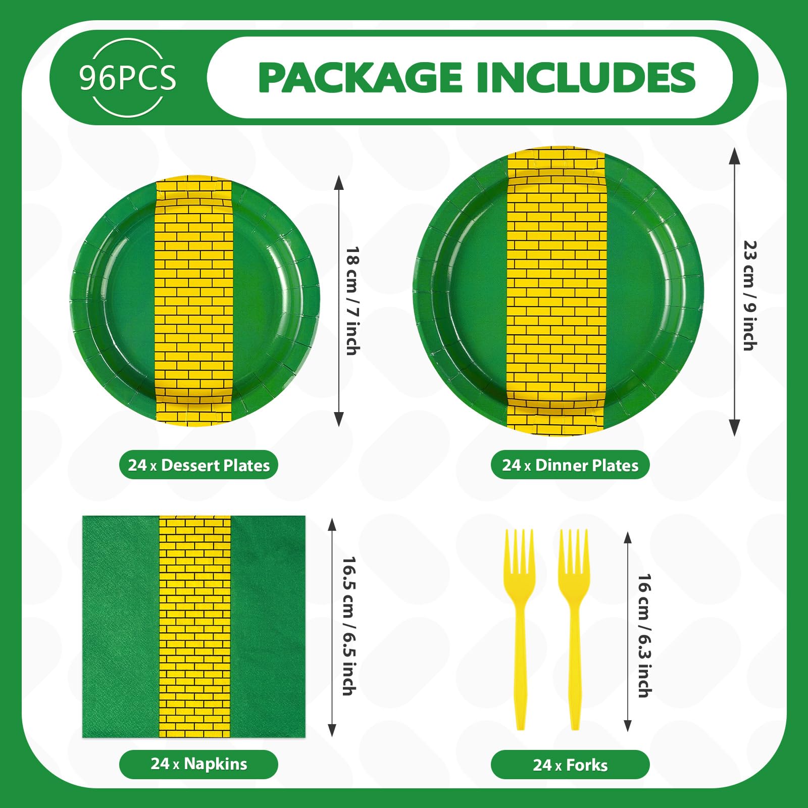 96 Pcs Green Yellow Brick Party Plates and Napkins - Grencian