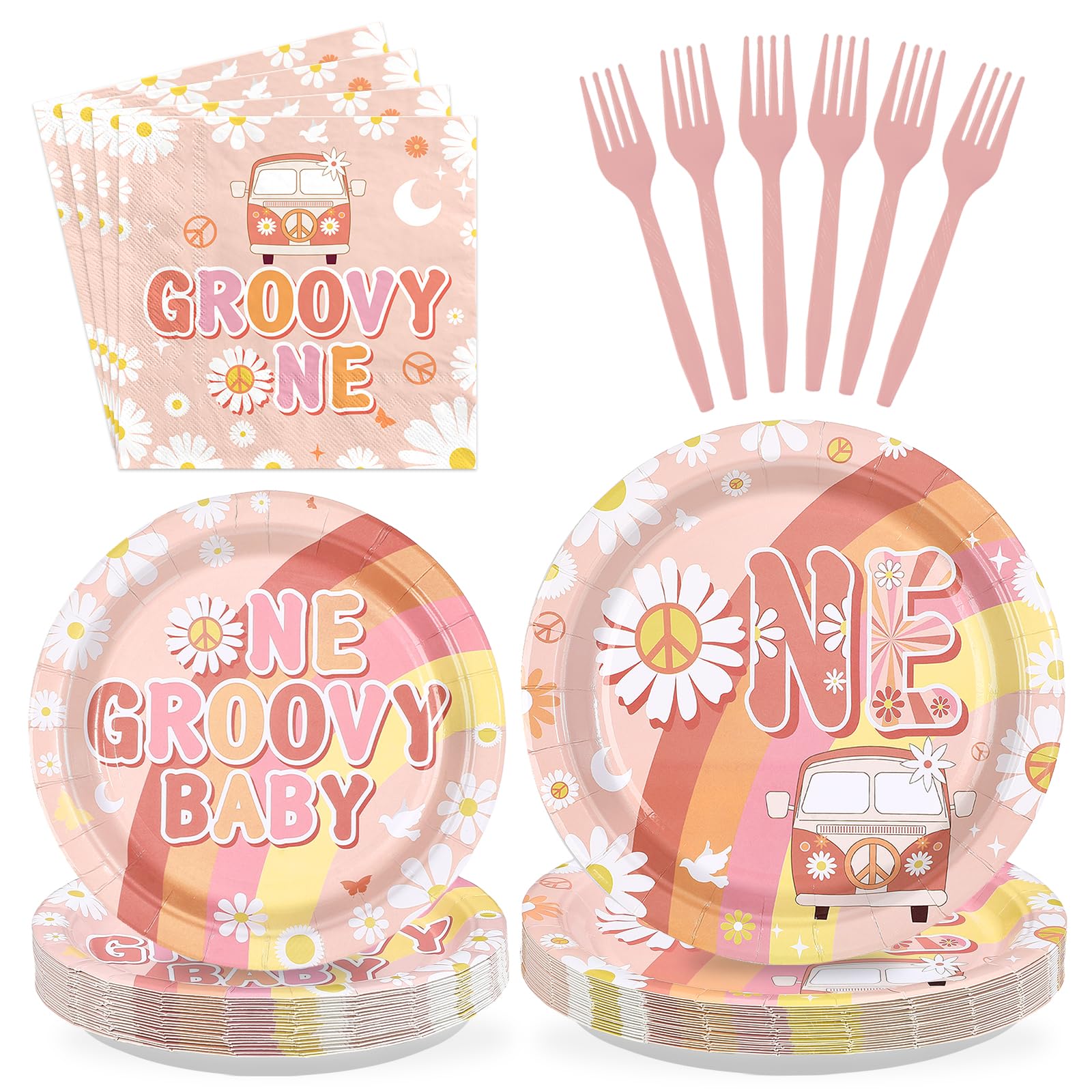 96 Pcs Groovy 1st Birthday Party Plates and Napkins - Grencian