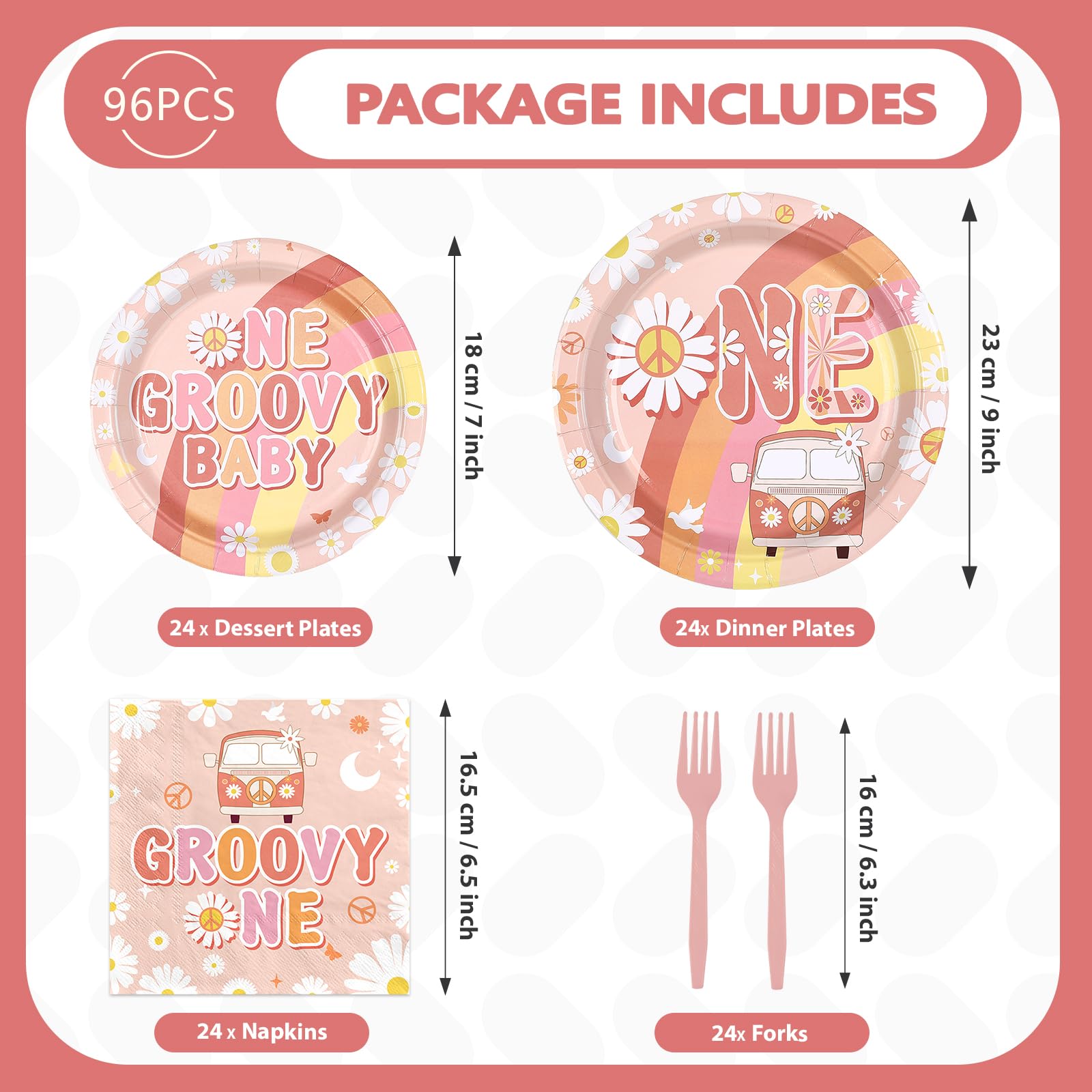96 Pcs Groovy 1st Birthday Party Plates and Napkins - Grencian