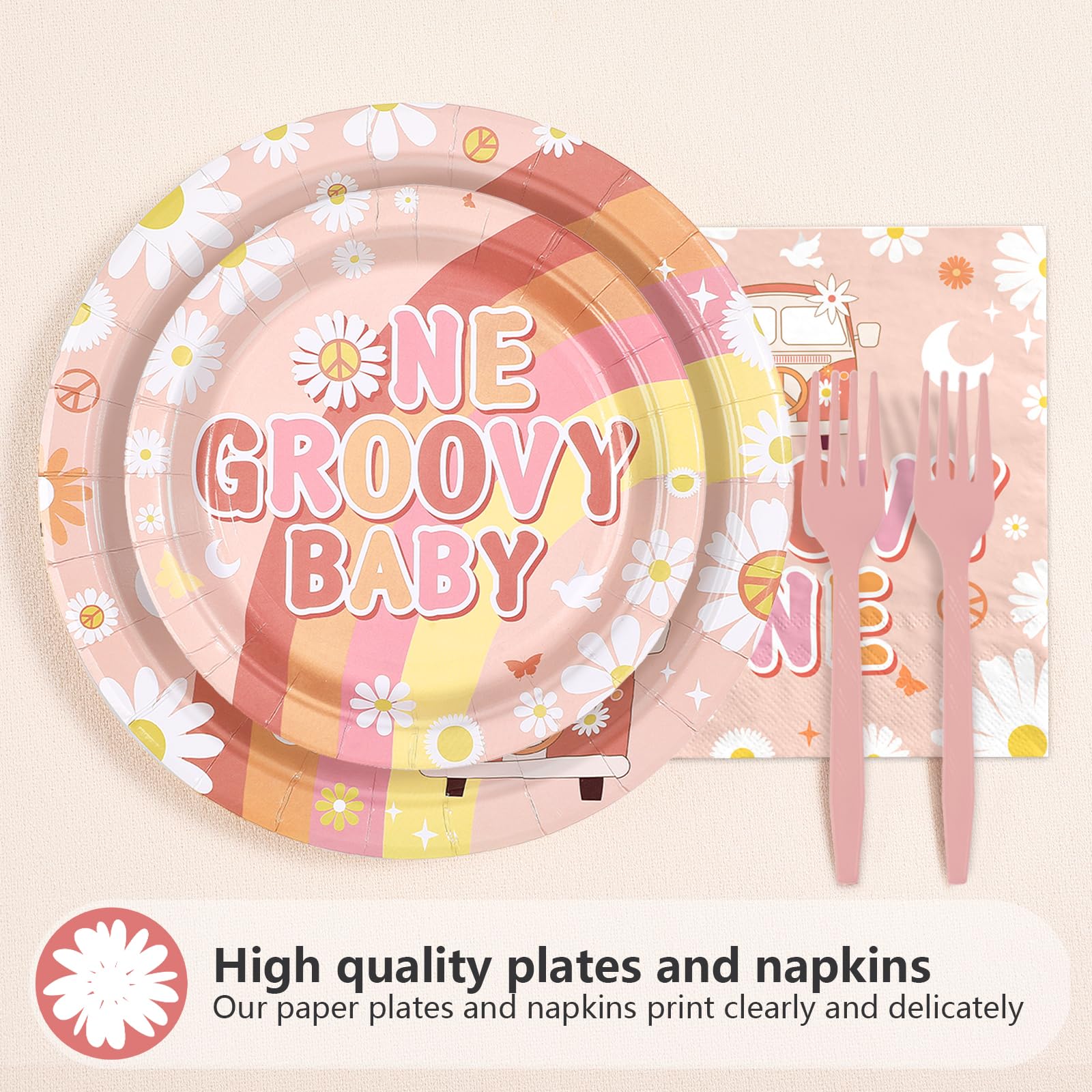 96 Pcs Groovy 1st Birthday Party Plates and Napkins - Grencian