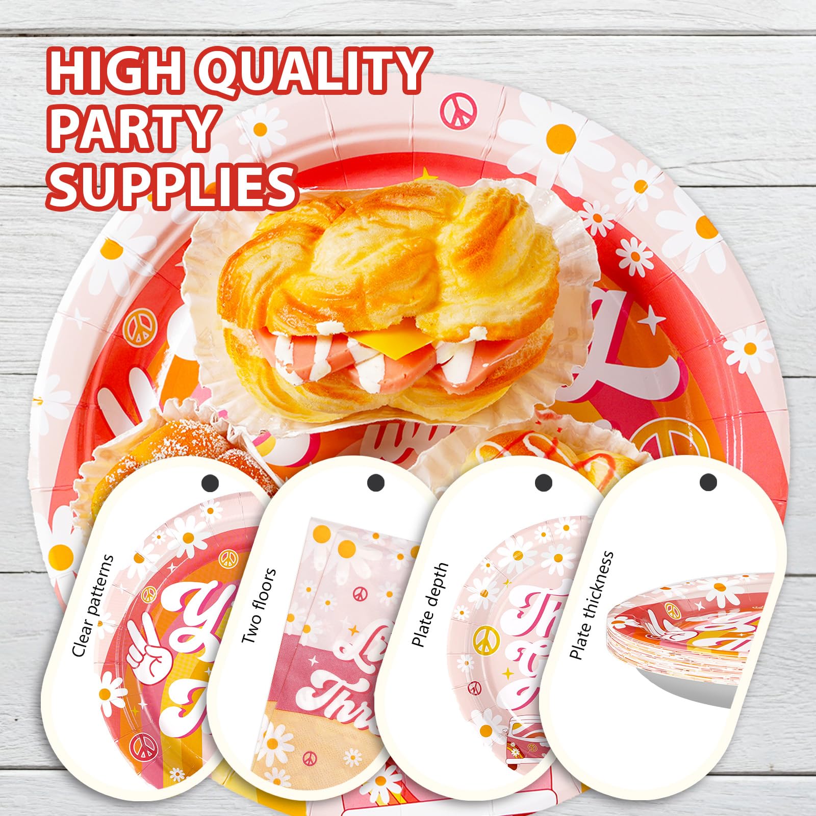 96 Pcs Groovy Birthday Party Plates and Napkins - Grencian
