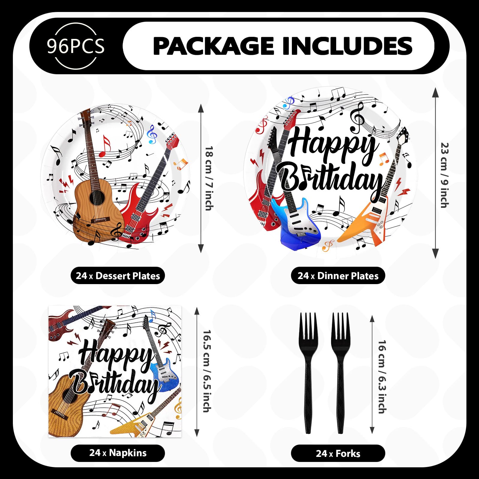 96 Pcs Guitar Birthday Party Plates and Napkins - Grencian