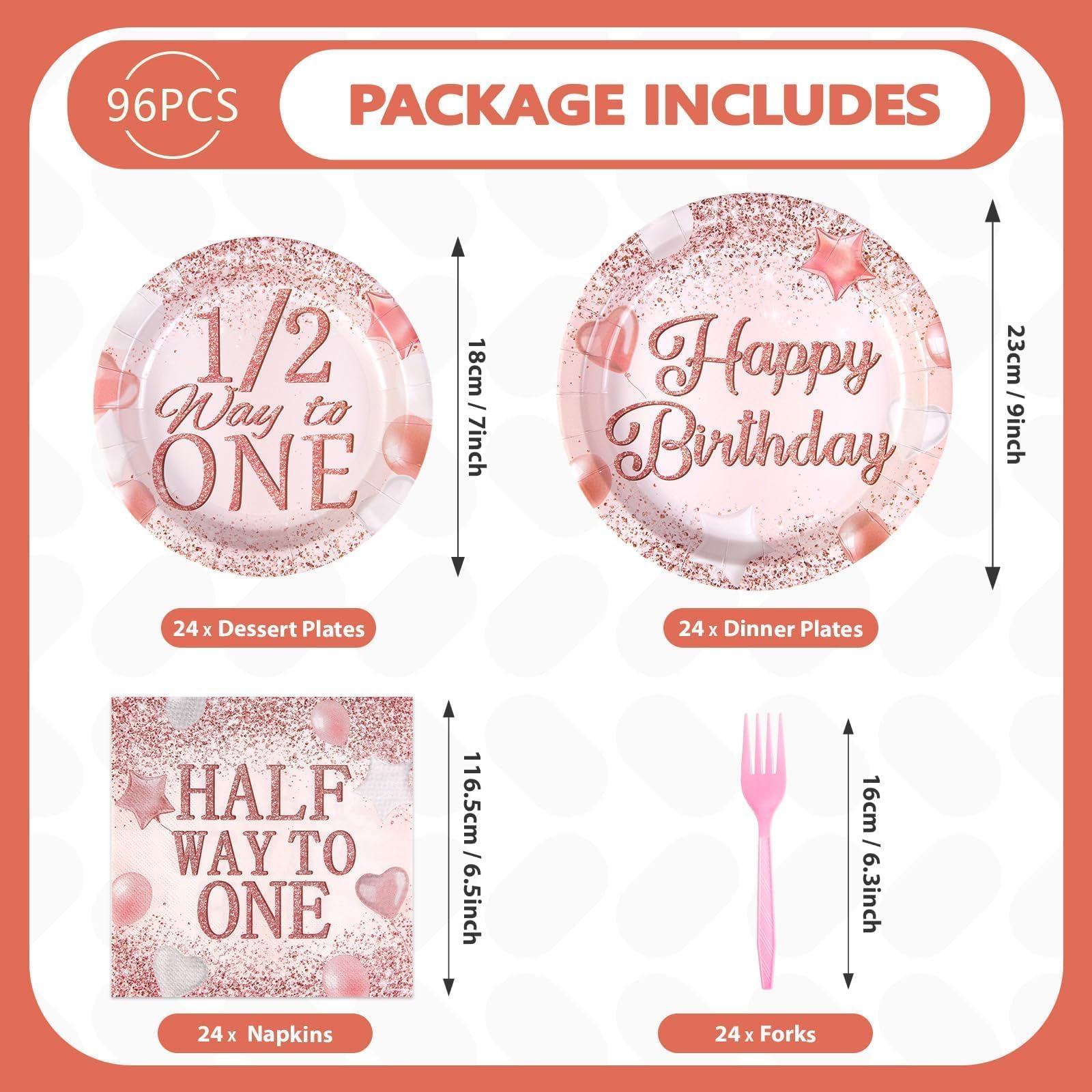 96 Pcs Half Birthday Party Plates and Napkins - Grencian