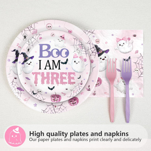 96 Pcs Halloween 3rd Birthday Party Plates and Napkins - Grencian